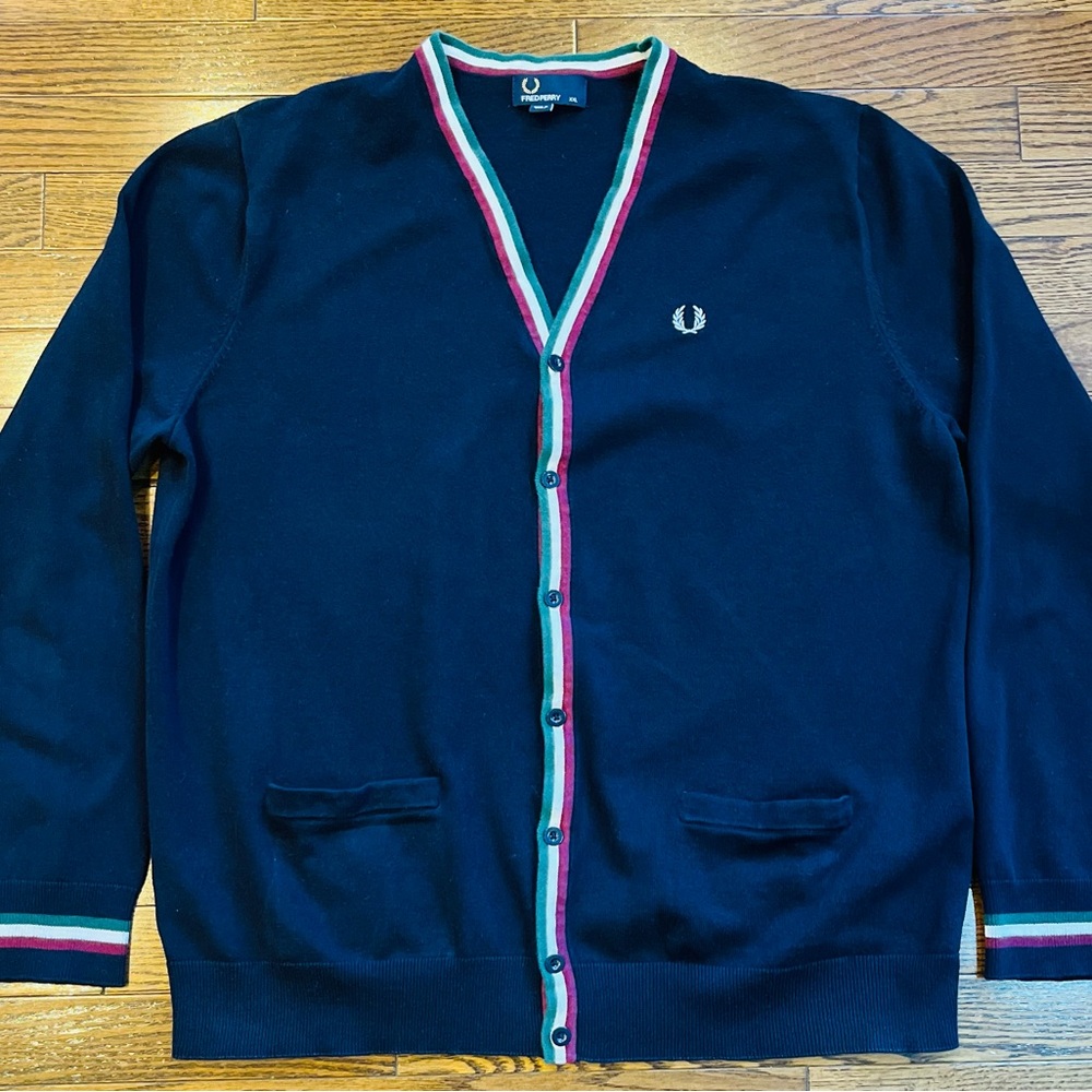 Fred Perry Cardigan XXL (Fits XL) Navy Tipped Trim Laurel Wreath